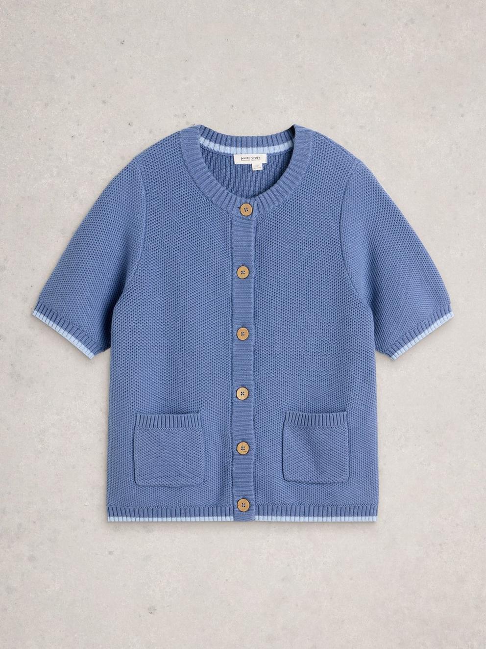 ISABELLA SHORT SLEEVE CARDI in MID BLUE - FLAT FRONT