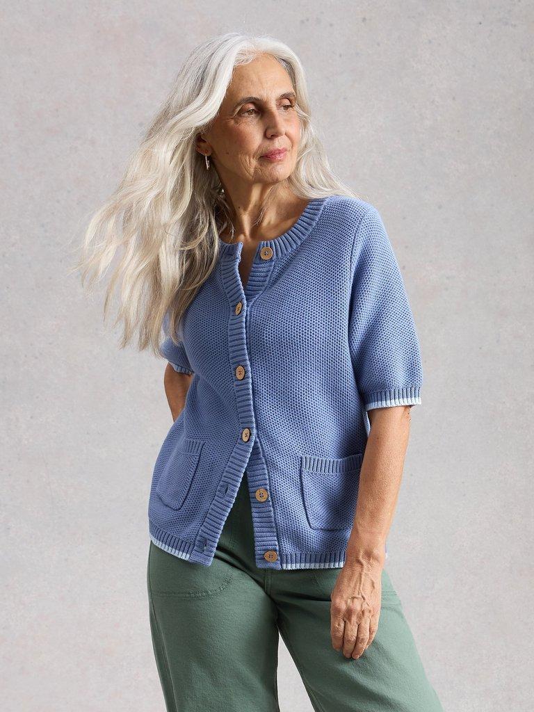 ISABELLA SHORT SLEEVE CARDI in MID BLUE - LIFESTYLE