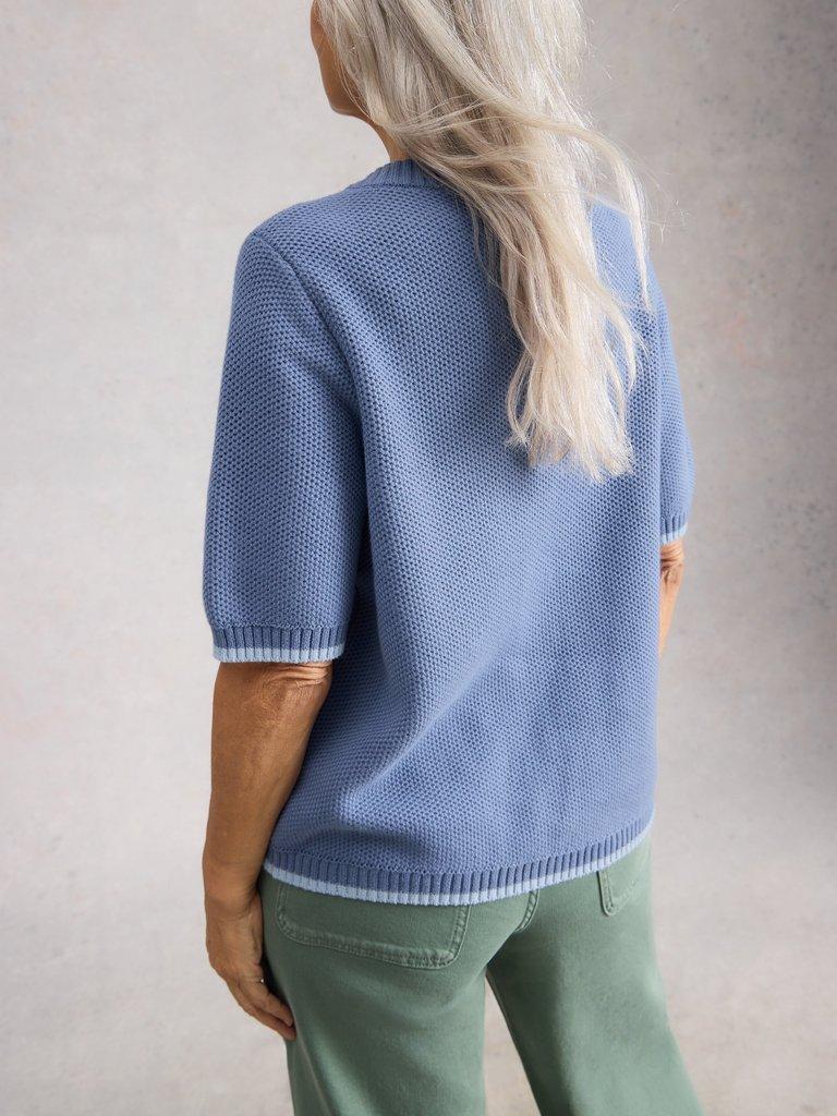 ISABELLA SHORT SLEEVE CARDI in MID BLUE - MODEL BACK