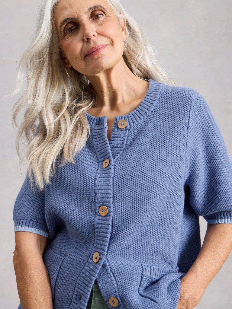 ISABELLA SHORT SLEEVE CARDI in MID BLUE - MODEL DETAIL