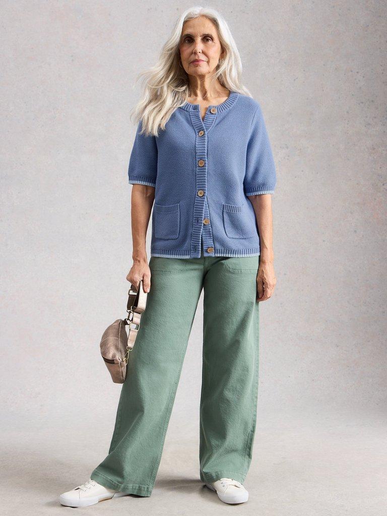 ISABELLA SHORT SLEEVE CARDI in MID BLUE - MODEL FRONT