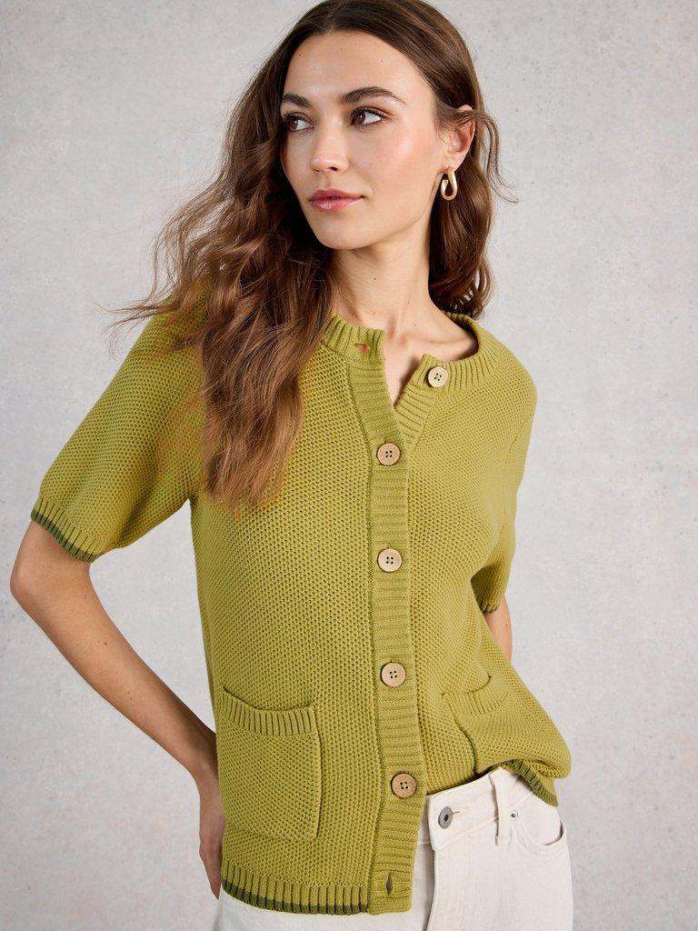 ISABELLA SHORT SLEEVE CARDI in MID GREEN - MODEL DETAIL