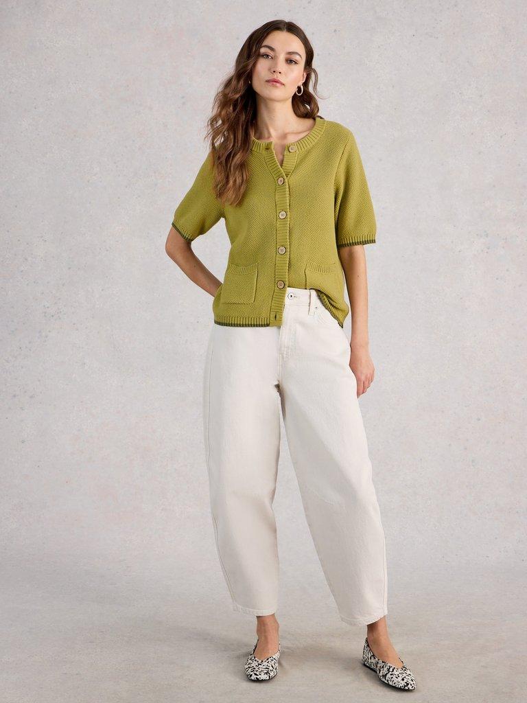 ISABELLA SHORT SLEEVE CARDI in MID GREEN - MODEL FRONT
