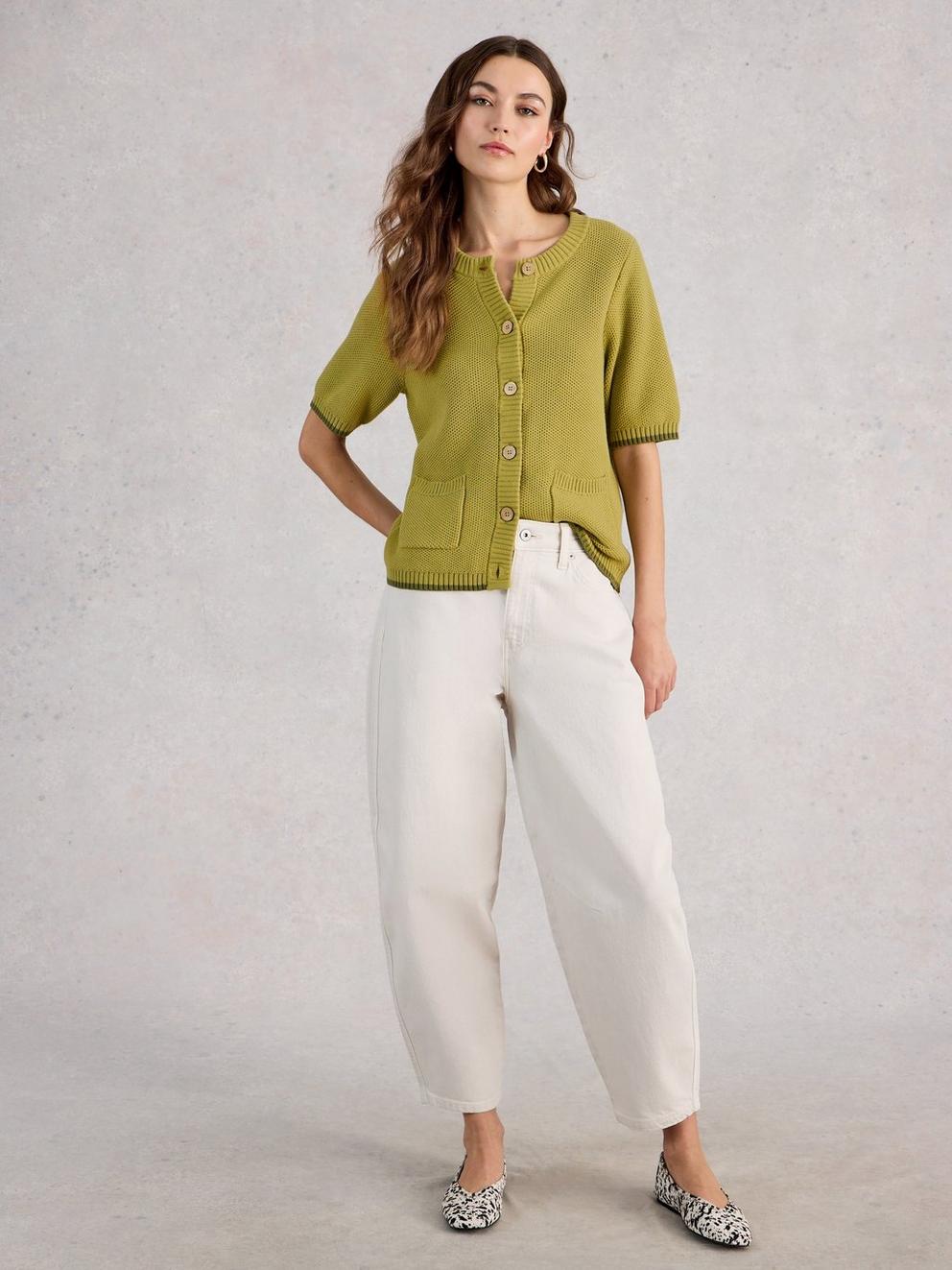 ISABELLA SHORT SLEEVE CARDI in MID GREEN - MODEL FRONT