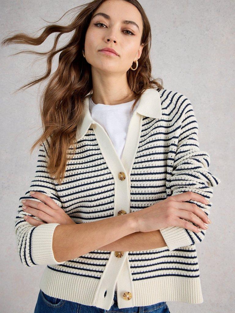 CHATERLY STRIPE CARDI in IVORY MLT - MODEL DETAIL