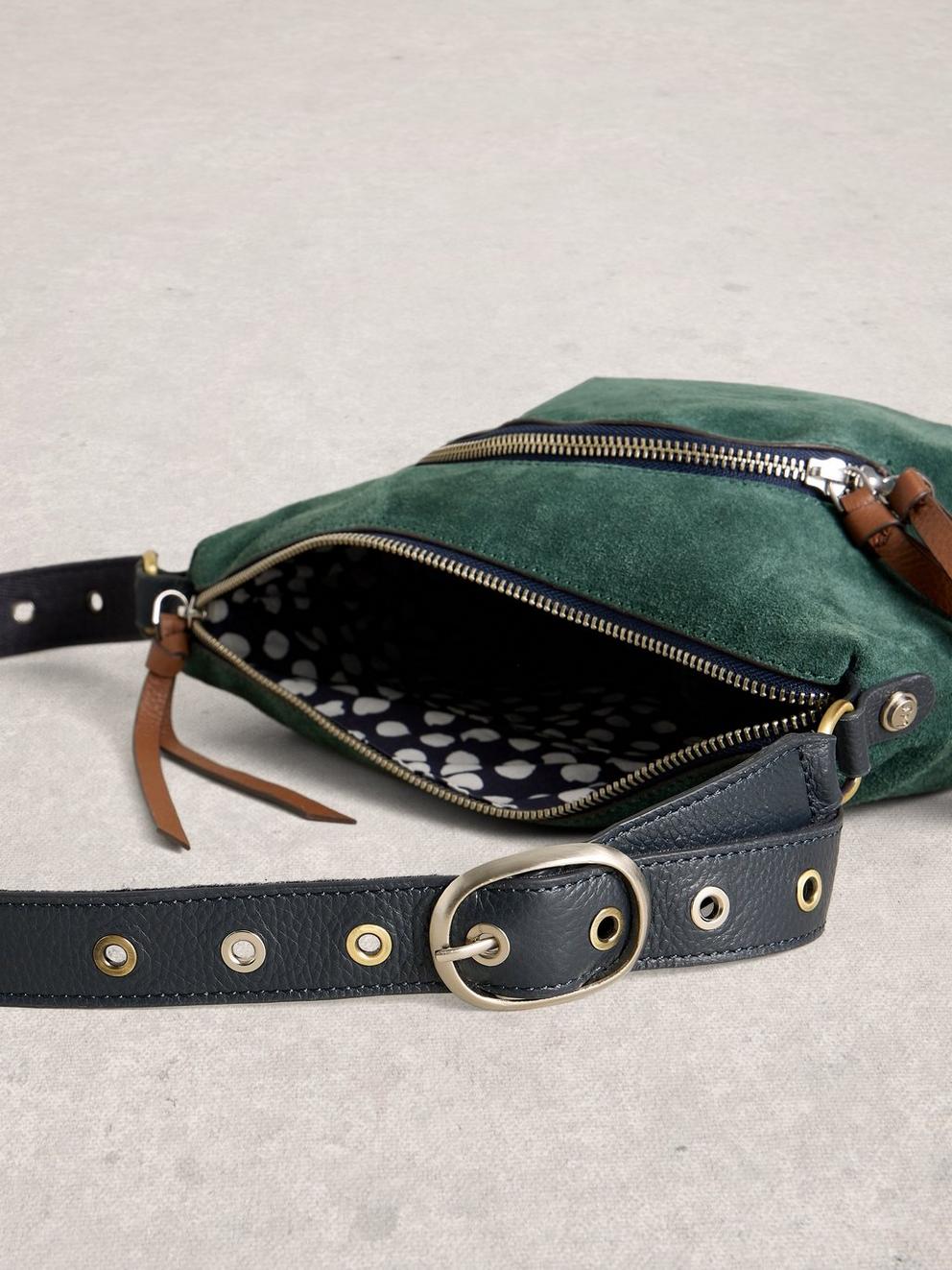 Hollie Crossbody Suede Bag in MID TEAL - FLAT DETAIL