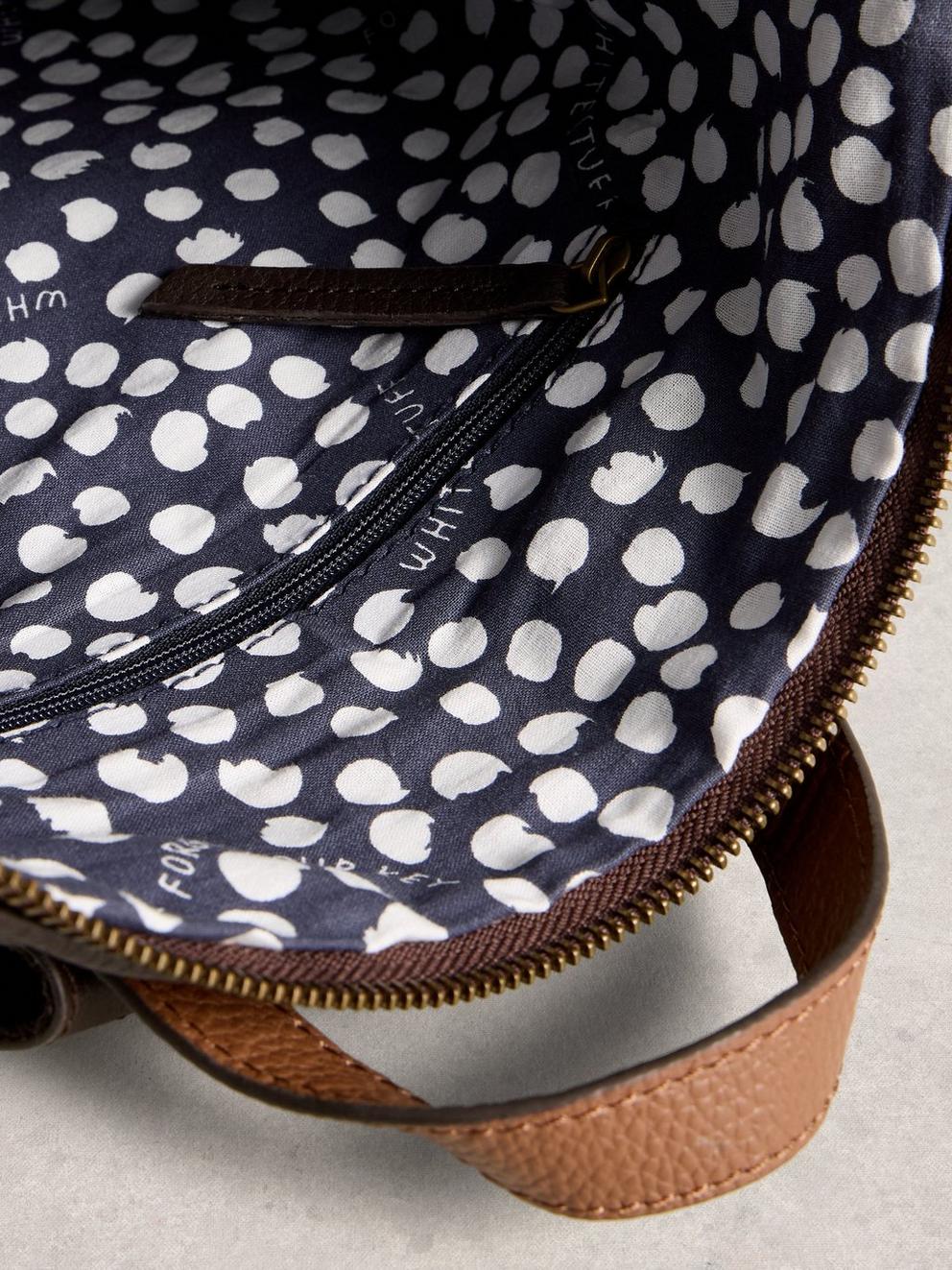 Tiggy Leather Backpack in DK BROWN - FLAT DETAIL