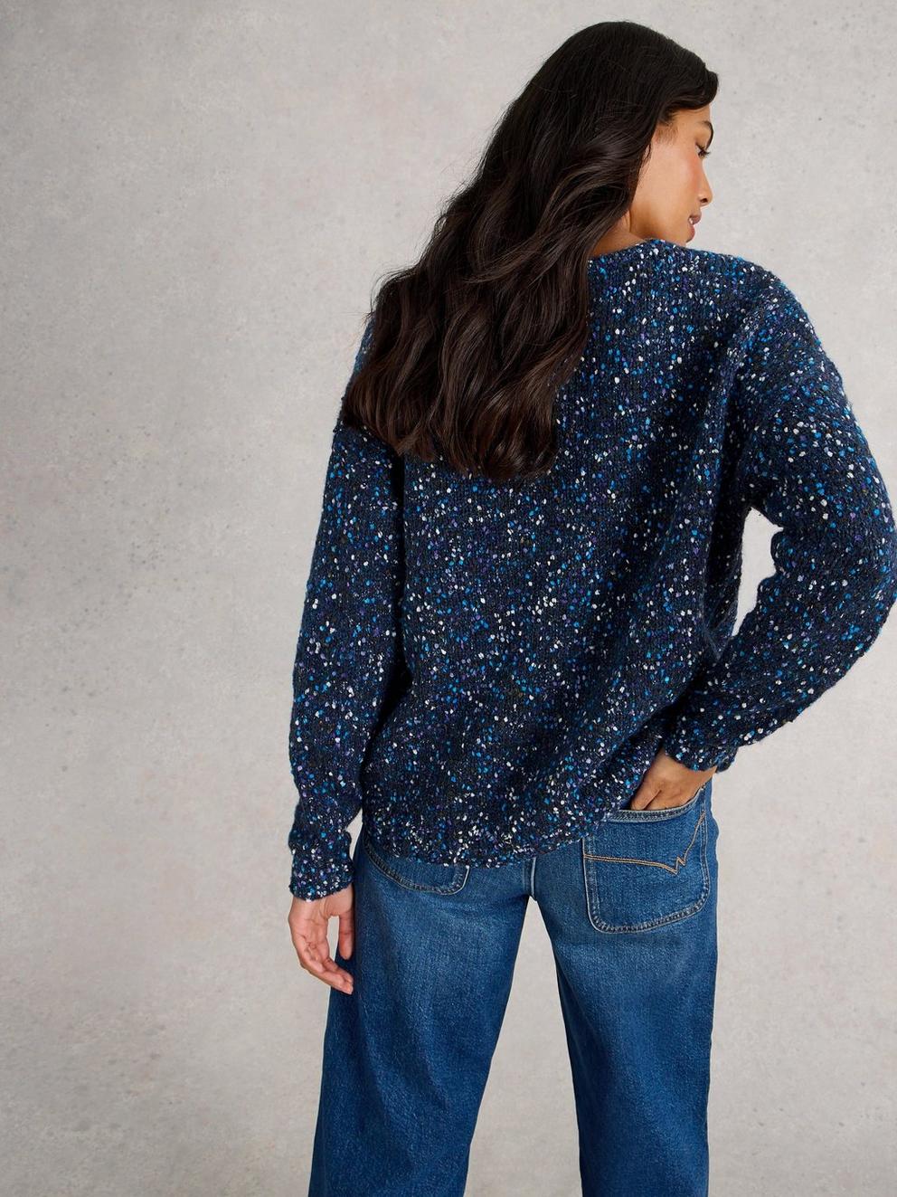 V NECK TEXTURED JUMPER in DARK NAVY - MODEL BACK