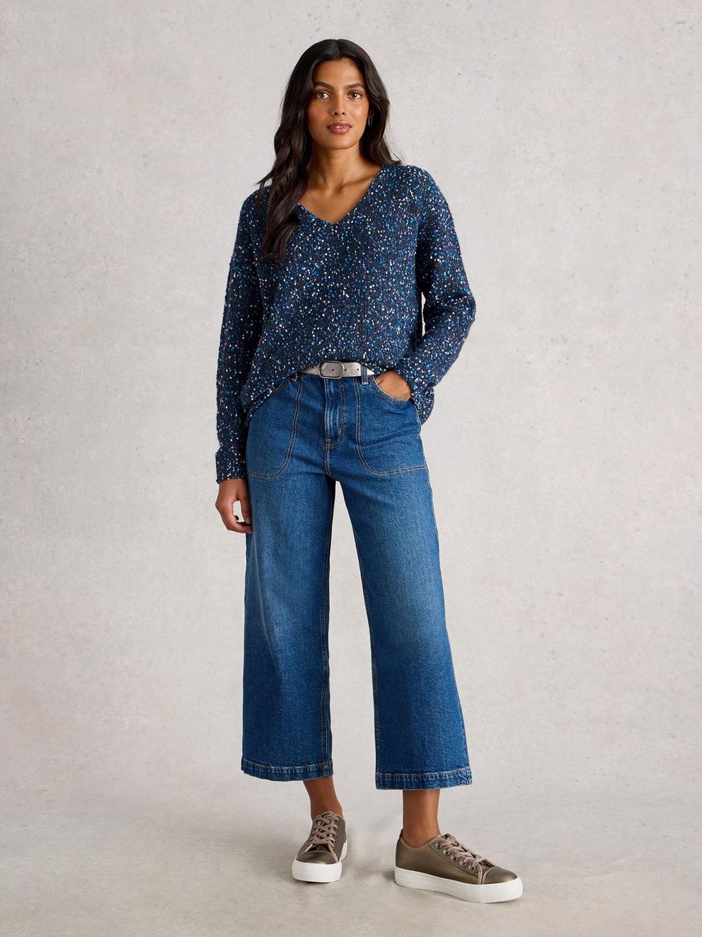 V NECK TEXTURED JUMPER in DARK NAVY - MODEL FRONT