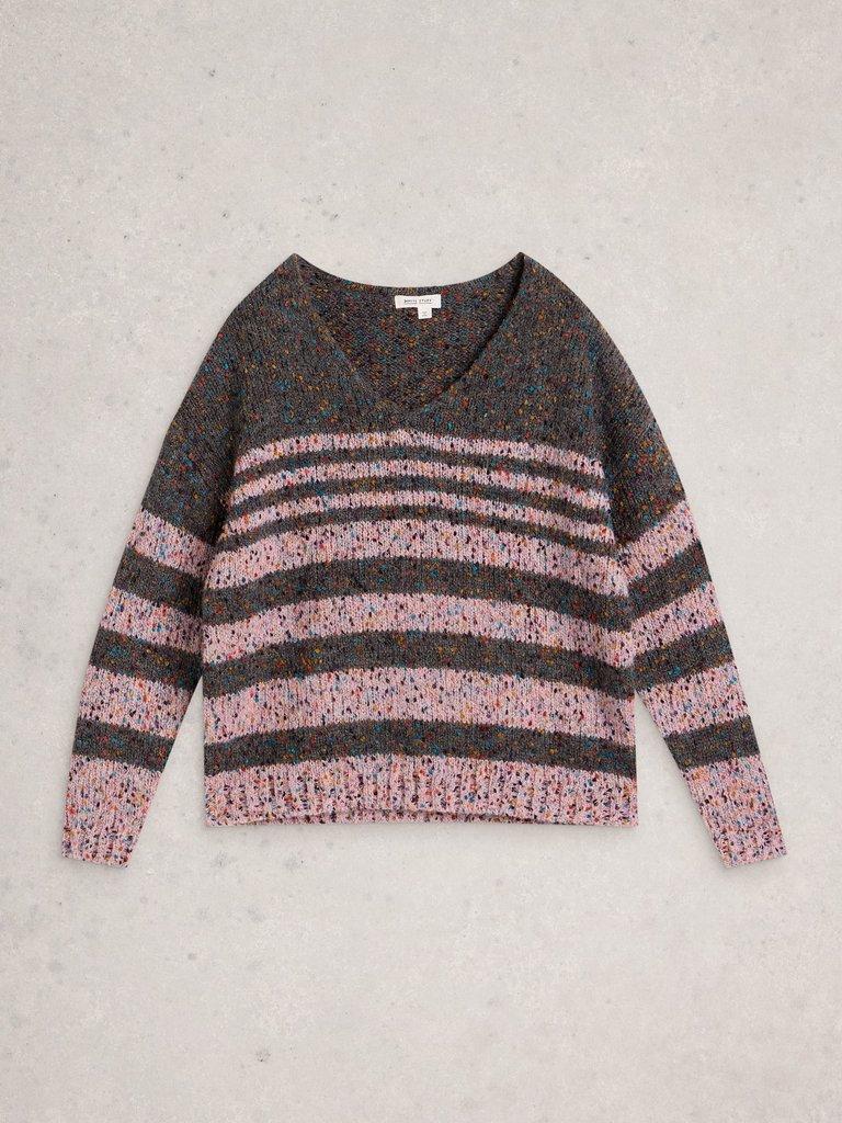 TEXTURED STRIPE V NECK JUMPER in GREY MLT - FLAT FRONT