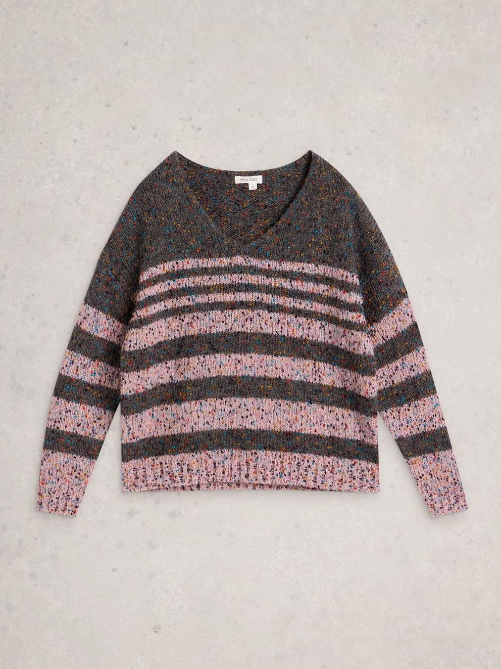 TEXTURED STRIPE V NECK JUMPER in GREY MLT - FLAT FRONT