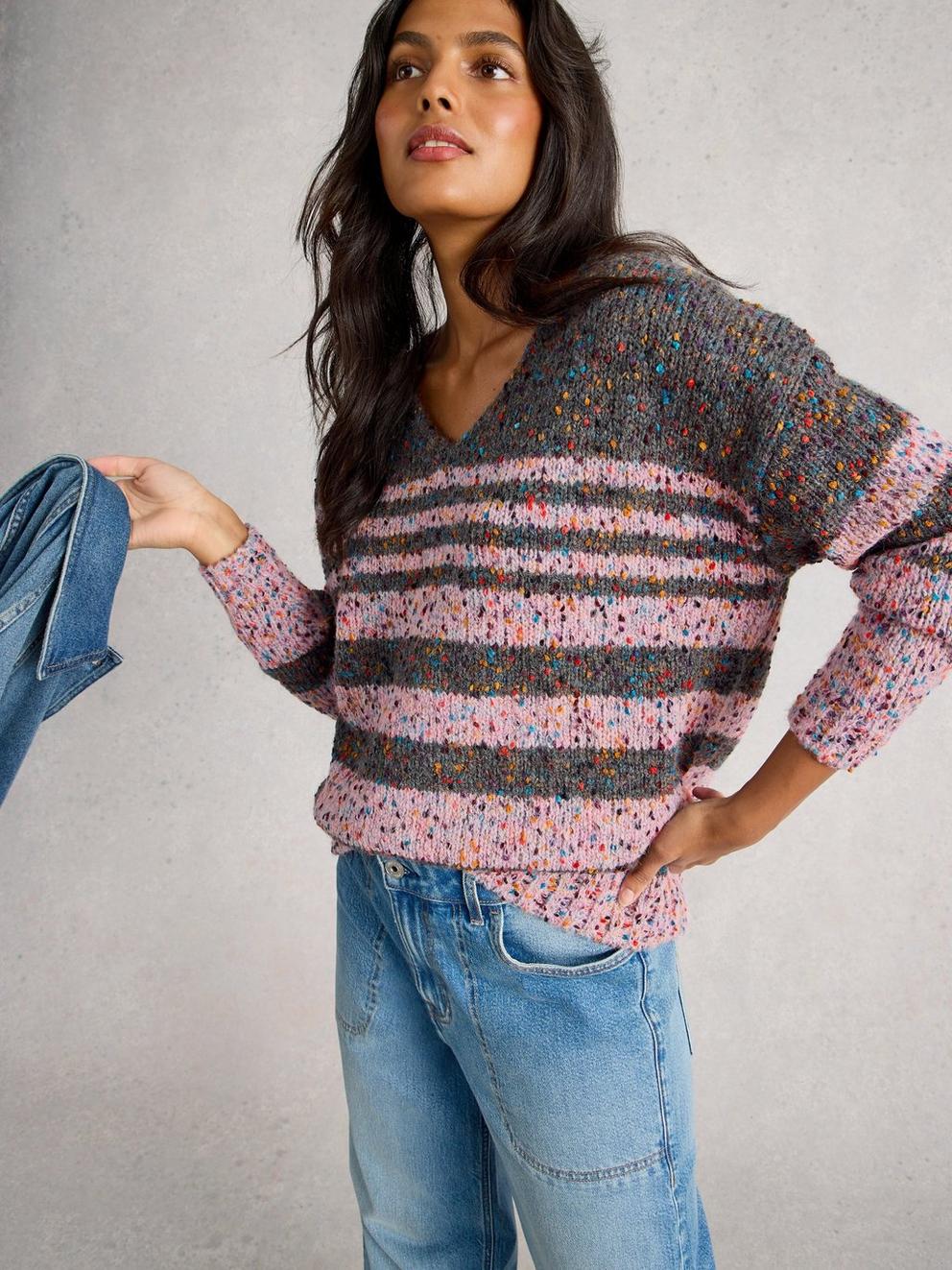 TEXTURED STRIPE V NECK JUMPER in GREY MLT - LIFESTYLE