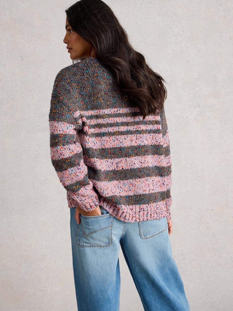 TEXTURED STRIPE V NECK JUMPER in GREY MLT - MODEL BACK