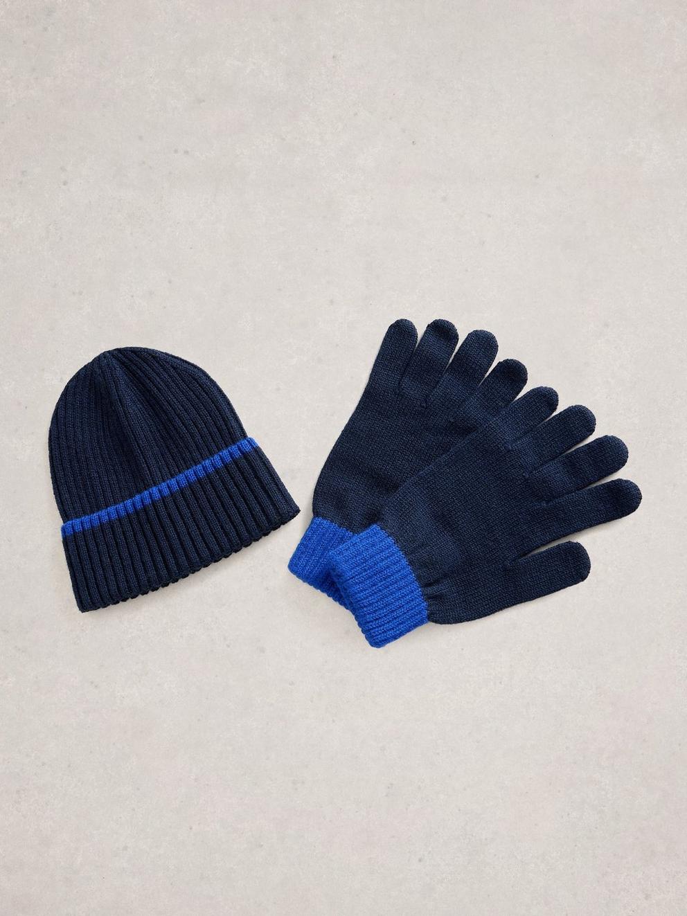 Mens Hat and Glove Set in NAVY MULTI - FLAT FRONT