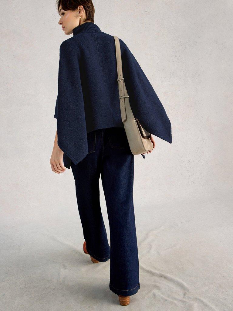 Funnel Neck Poncho in DARK NAVY - MODEL BACK