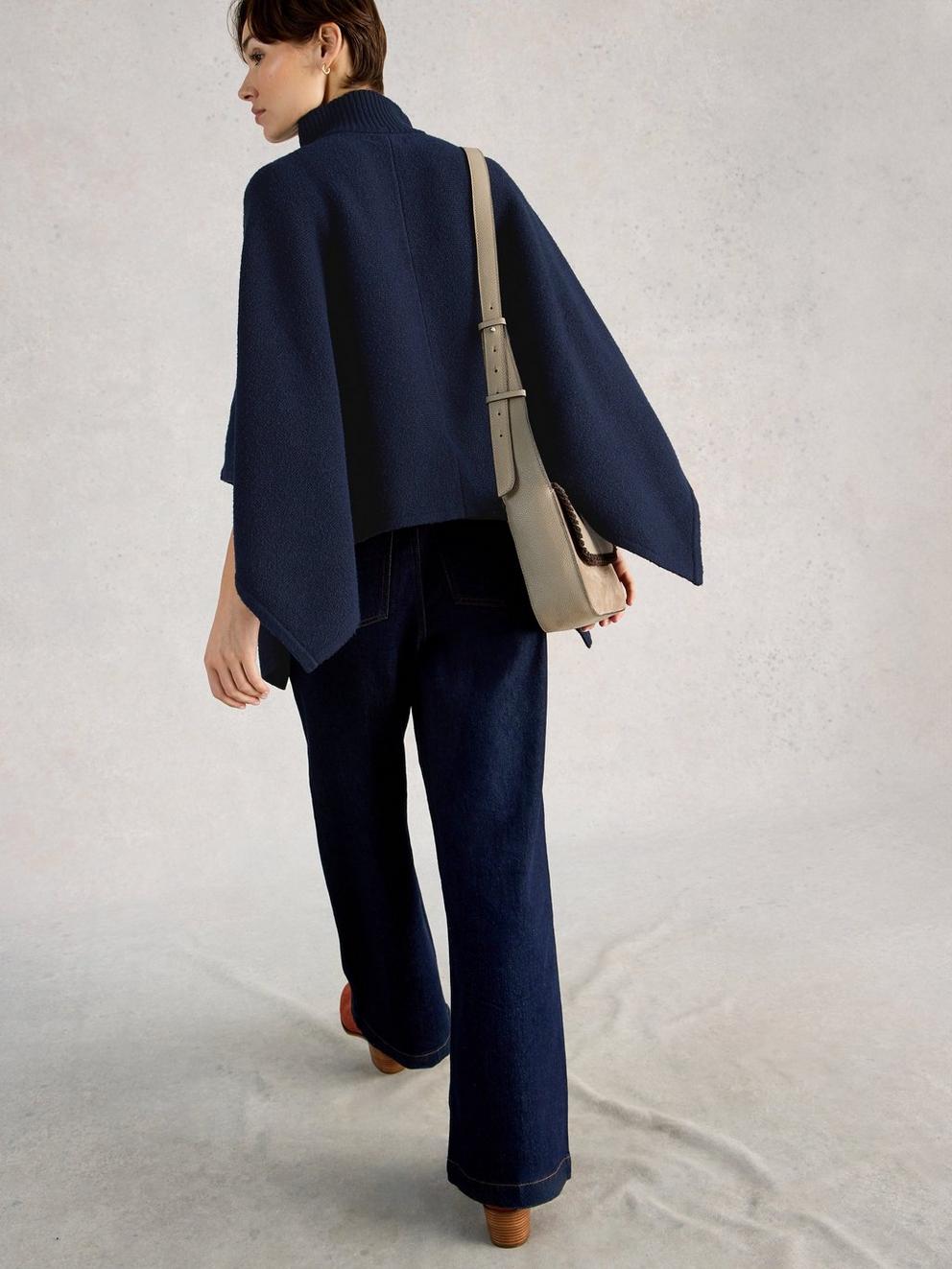 Funnel Neck Poncho in DARK NAVY - MODEL BACK