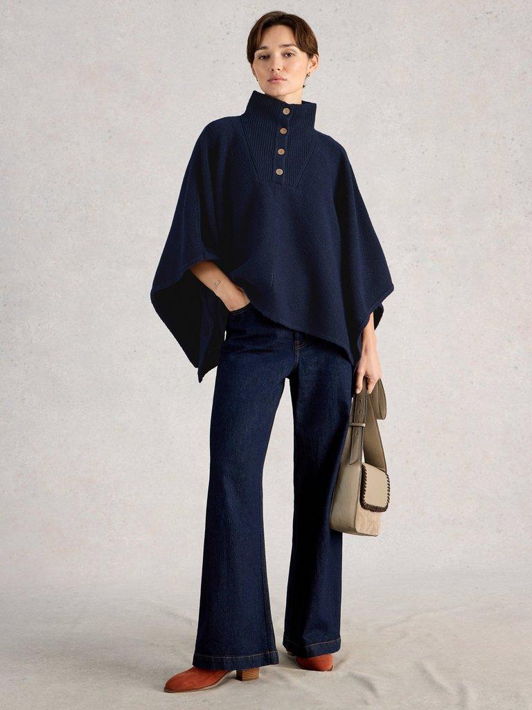 Funnel Neck Poncho in DARK NAVY - MODEL FRONT