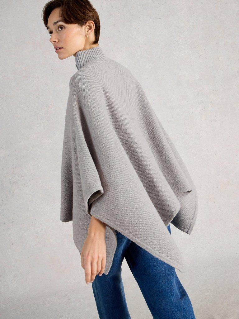 Funnel Neck Poncho in LGT GREY - MODEL BACK