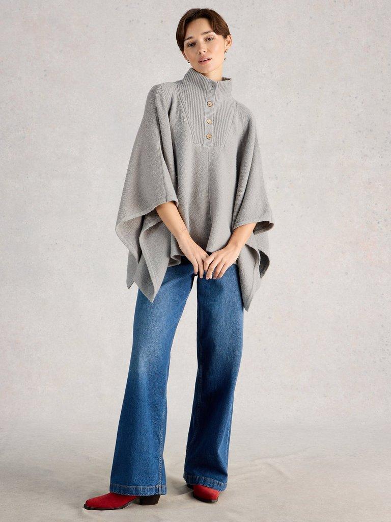 Funnel Neck Poncho in LGT GREY - MODEL FRONT