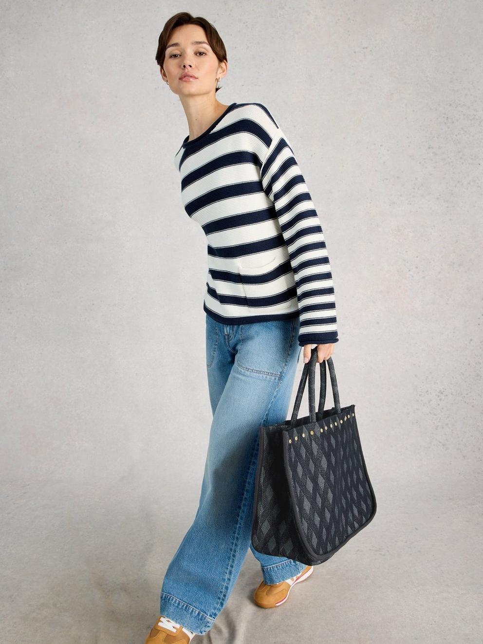 Jacquard Jasmine Tote in BLUE MLT - MODEL FRONT