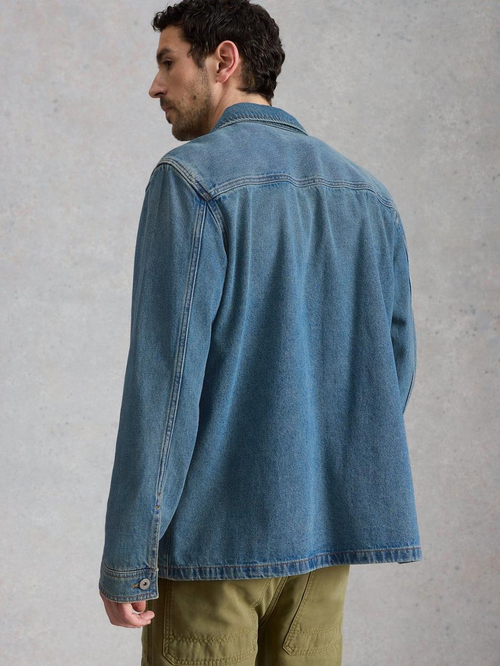 Westgate Denim Workwear Jacket in MID DENIM - MODEL BACK