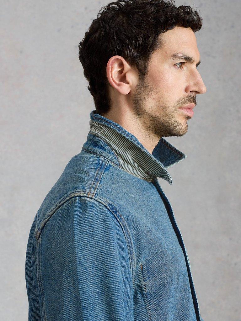 Westgate Denim Workwear Jacket in MID DENIM - MODEL DETAIL