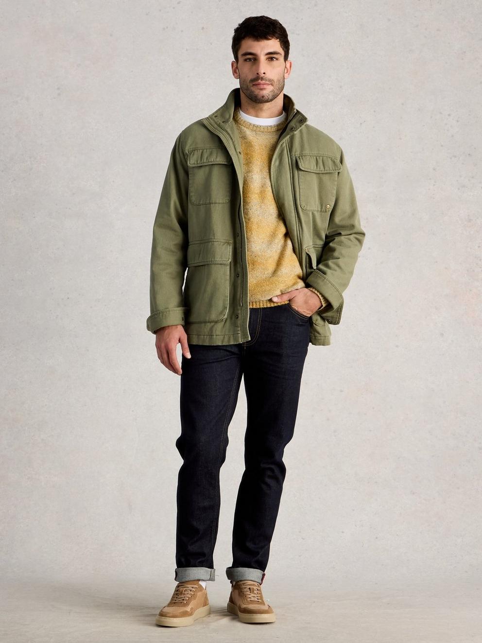 Marlow 4 Pocket Jacket in KHAKI GRN - MODEL FRONT