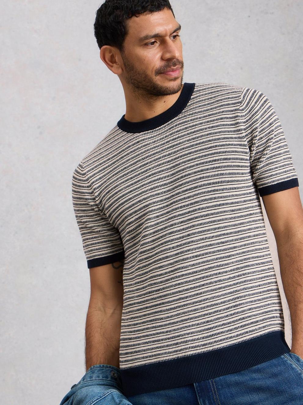 Bibury Knitted Tee in NAVY MULTI - MODEL DETAIL