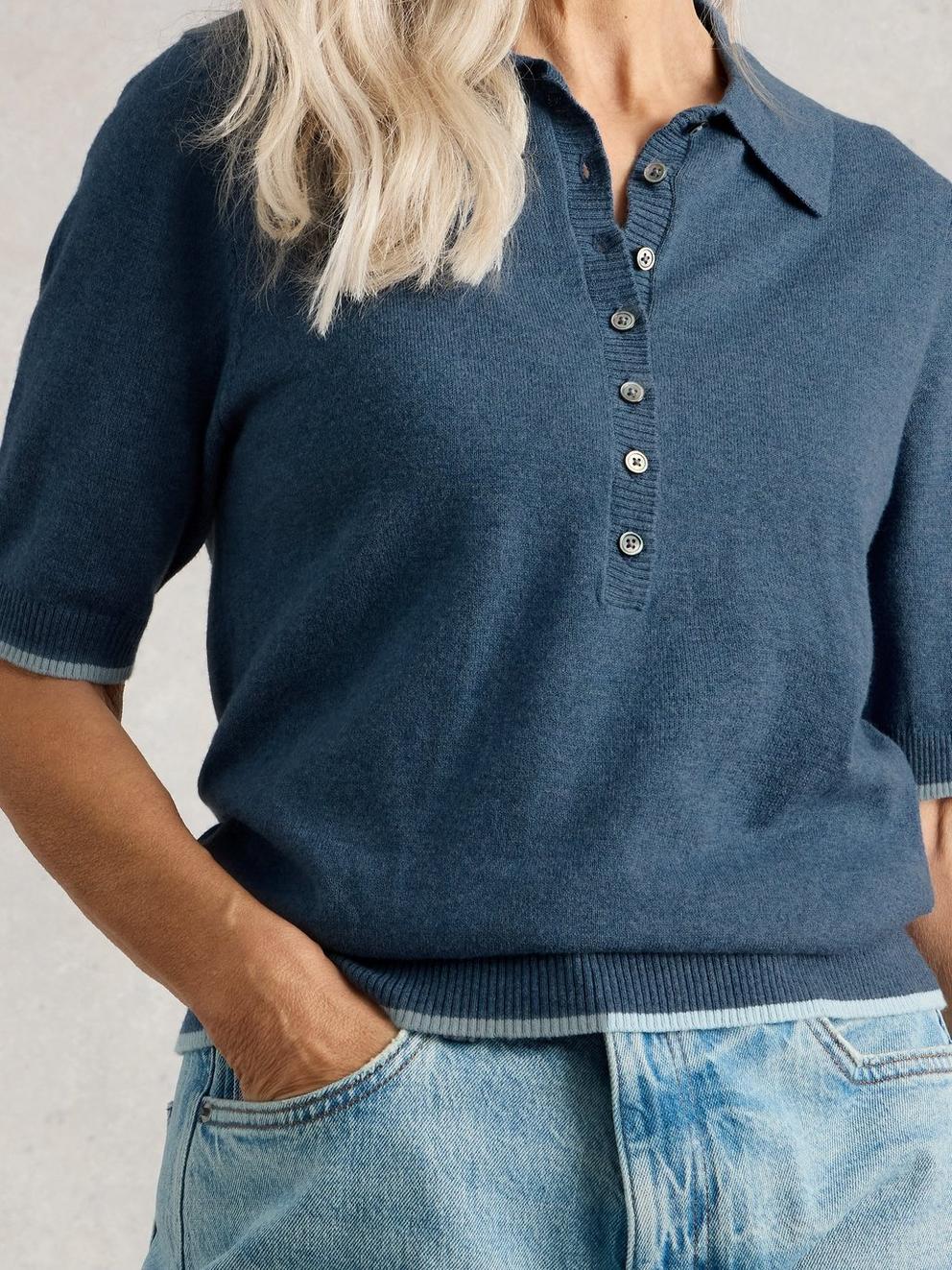 POPPY POLO TEE in MID BLUE - MODEL DETAIL