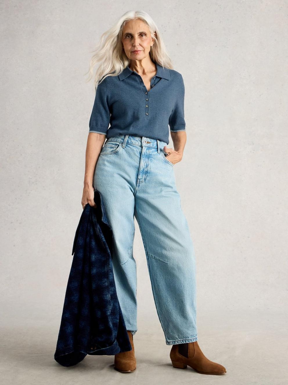 POPPY POLO TEE in MID BLUE - MODEL FRONT