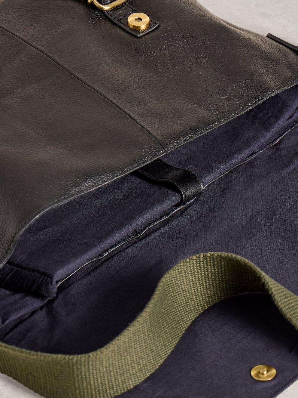 Leather Teddy Messenger Bag in PURE BLK - FLAT DETAIL