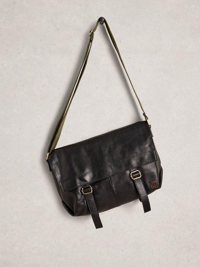 Leather Teddy Messenger Bag in PURE BLK - FLAT FRONT