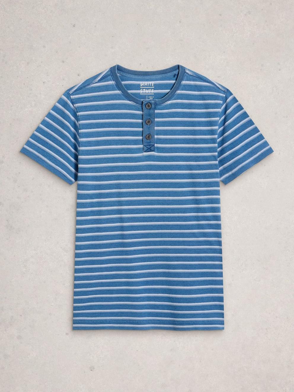 Hastings Stripe Indigo Henley in BLUE MLT - FLAT FRONT