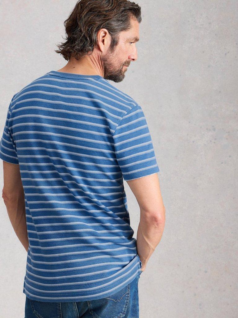 Hastings Stripe Indigo Henley in BLUE MLT - MODEL BACK
