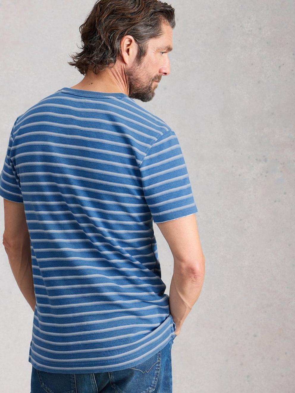 Hastings Stripe Indigo Henley in BLUE MLT - MODEL BACK