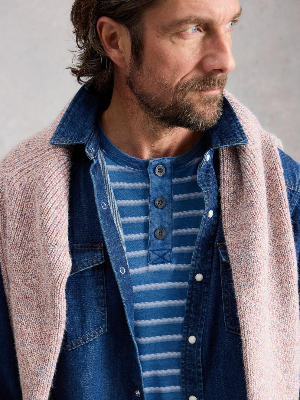 Hastings Stripe Indigo Henley in BLUE MLT - MODEL DETAIL