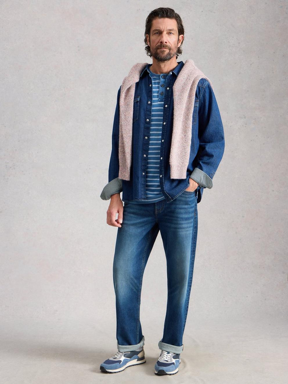 Hastings Stripe Indigo Henley in BLUE MLT - MODEL FRONT