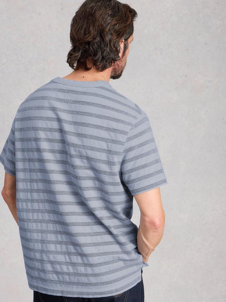 Harrington Stripe Tee in BLUE MLT - MODEL BACK