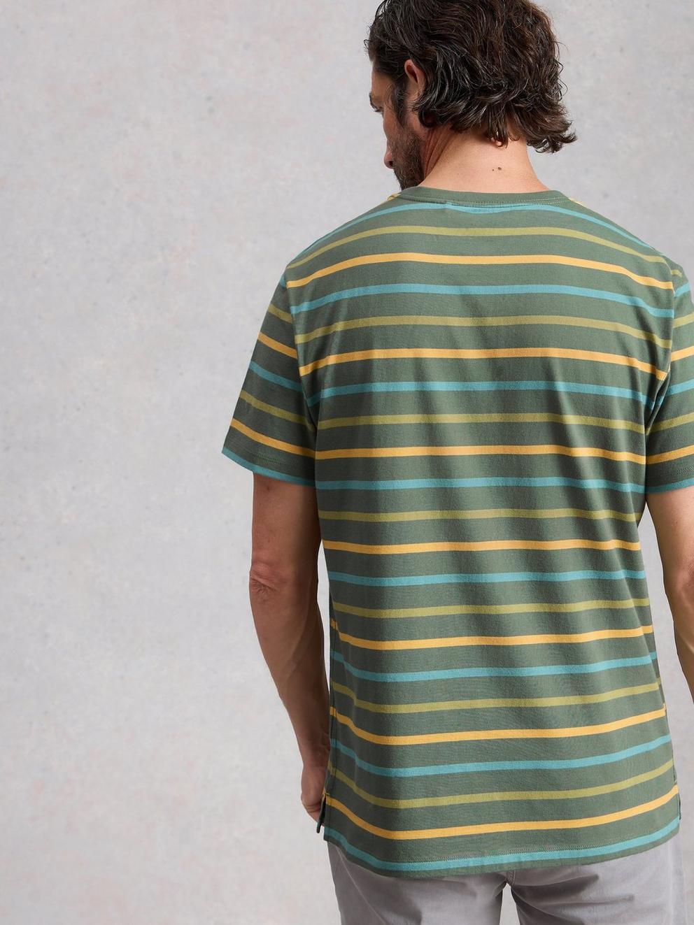 Abersoch Striped Crew Neck Tee in GREEN MLT - MODEL BACK