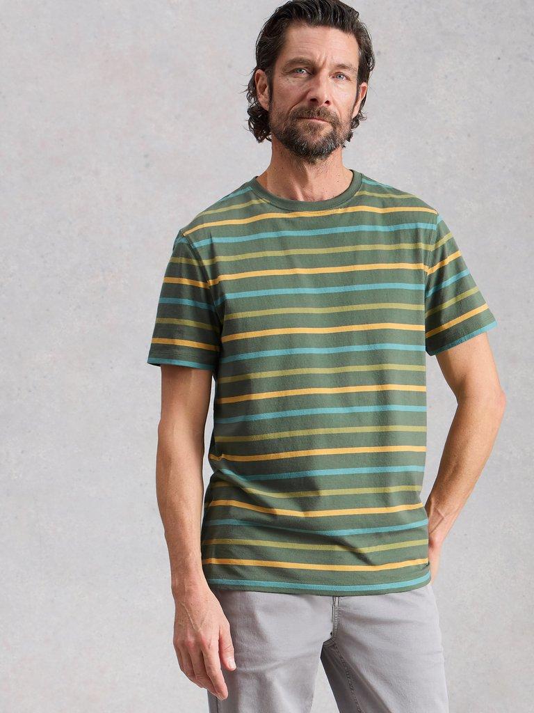 Abersoch Striped Crew Neck Tee in GREEN MLT - MODEL DETAIL