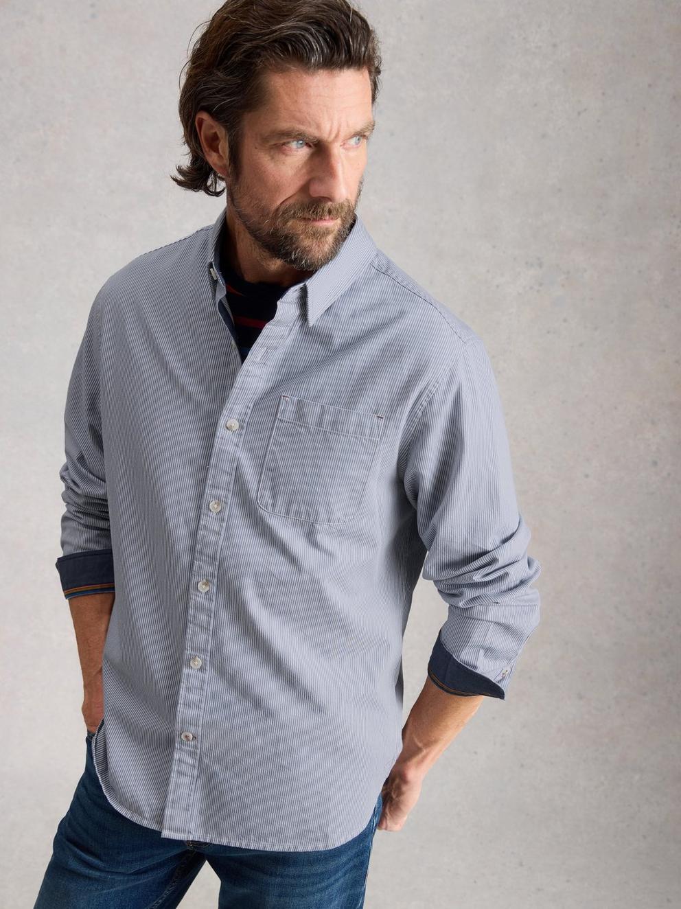 Sefton Stripe Shirt in LGT BLUE - MODEL DETAIL