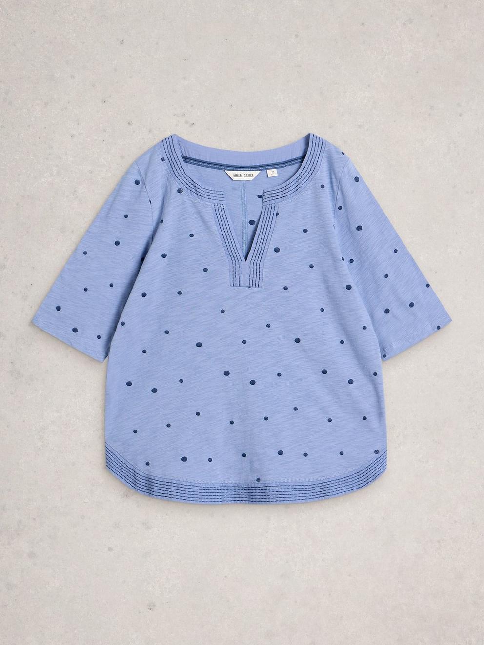 WEAVER NOTCH EMBROIDERED TEE in BLUE MLT - FLAT FRONT