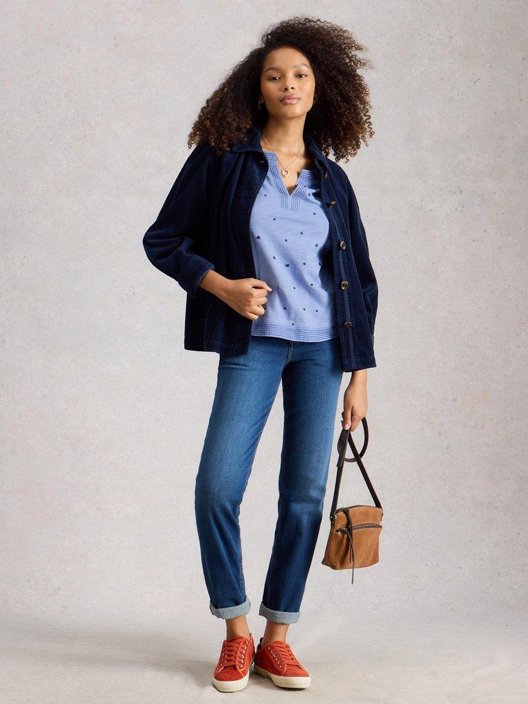 WEAVER NOTCH EMBROIDERED TEE in BLUE MLT - MODEL FRONT