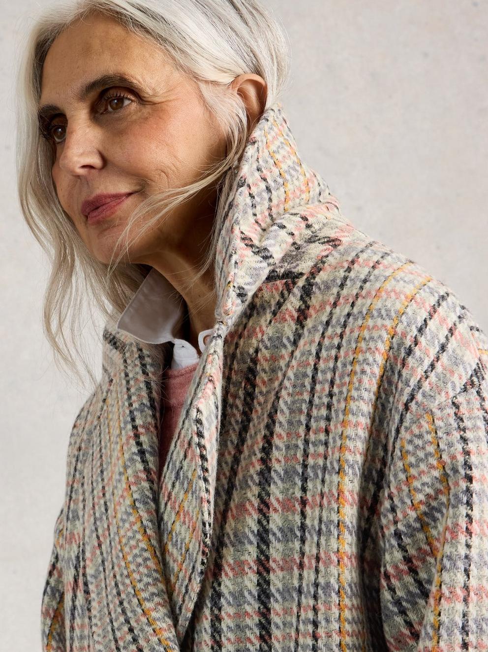 Robyn Check Wool Blend Coat in GREY MLT - MODEL DETAIL