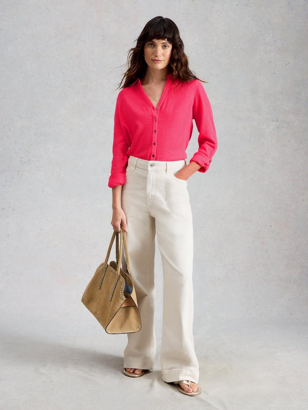 ANNIE DOUBLE CLOTH in BRT PINK - MODEL FRONT