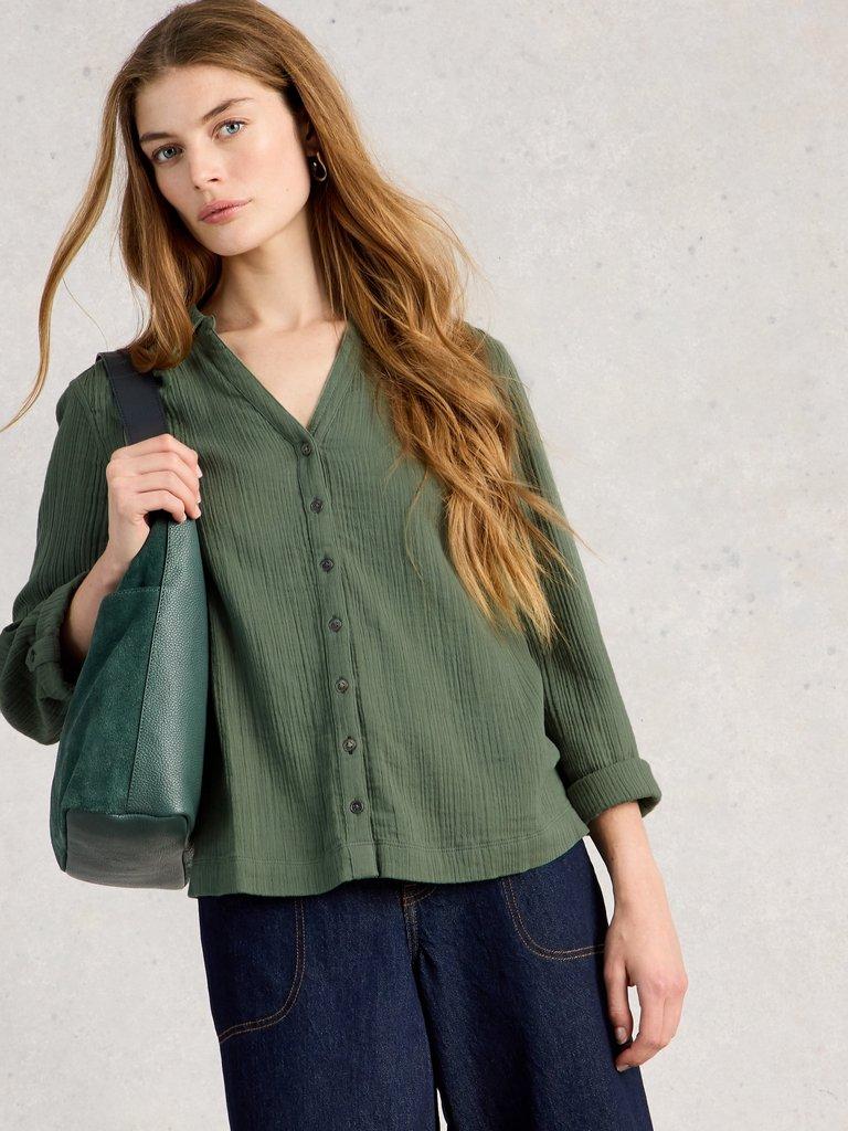 ANNIE DOUBLE CLOTH in KHAKI GRN - MODEL DETAIL