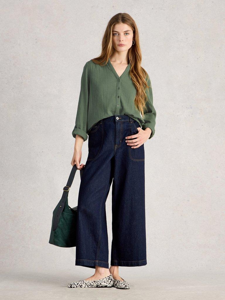 ANNIE DOUBLE CLOTH in KHAKI GRN - MODEL FRONT