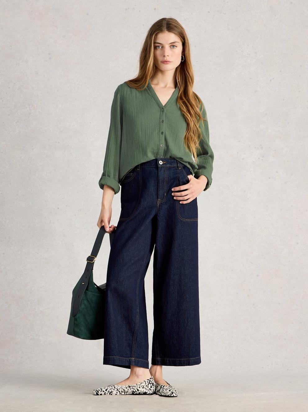 ANNIE DOUBLE CLOTH in KHAKI GRN - MODEL FRONT