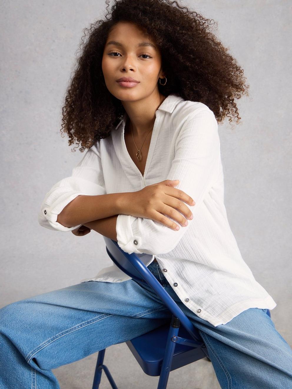 ANNIE DOUBLE CLOTH COLLARED LONGLINE in BRIL WHITE - LIFESTYLE