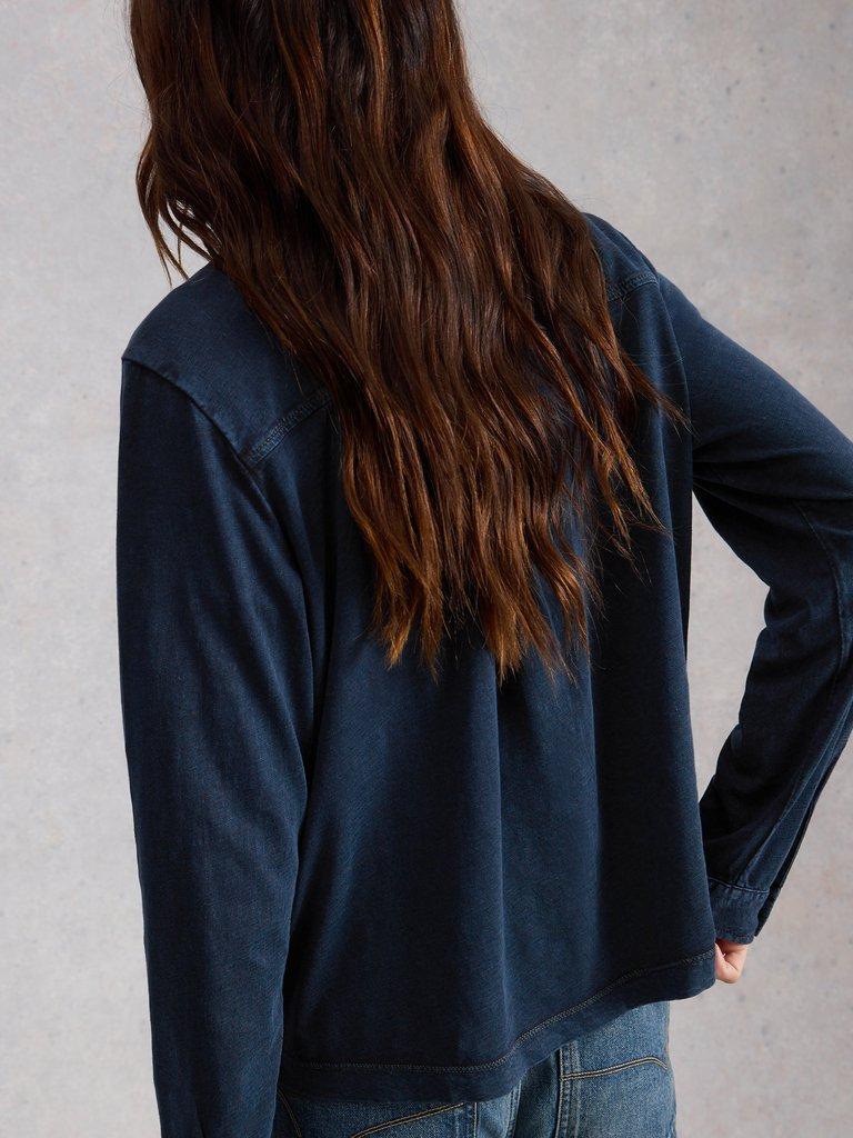 UNA POCKET UTILITY SHIRT in MID BLUE - MODEL BACK